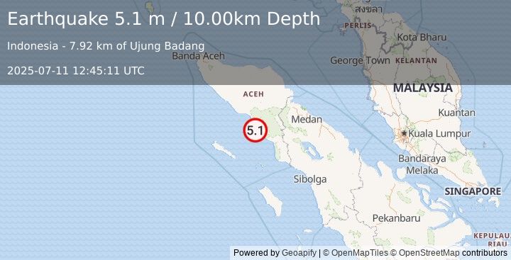 Earthquake NORTHERN SUMATRA, INDONESIA (5.0 mb) (2025-07-11 12:45:14 UTC)