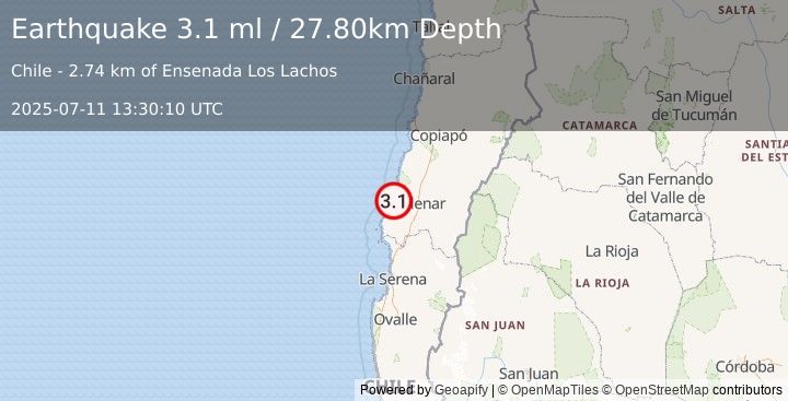 Earthquake ATACAMA, CHILE (3.1 ml) (2025-07-11 13:30:10 UTC)