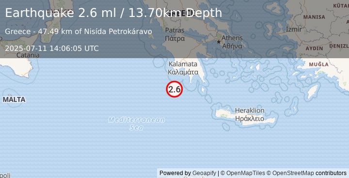 Earthquake SOUTHERN GREECE (2.6 ml) (2025-07-11 14:06:05 UTC)