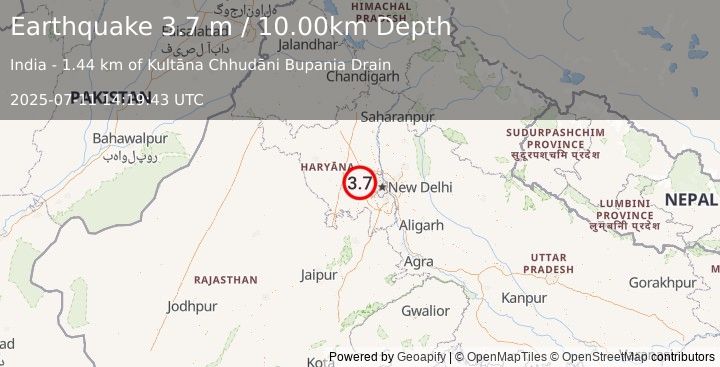 Earthquake HARYANA - DELHI REGION, INDIA (3.7 m) (2025-07-11 14:19:43 UTC)
