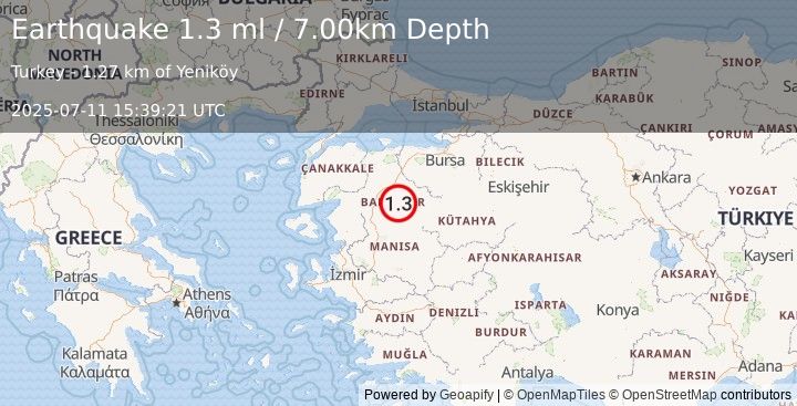 Earthquake WESTERN TURKEY (1.3 ml) (2025-07-11 15:39:21 UTC)