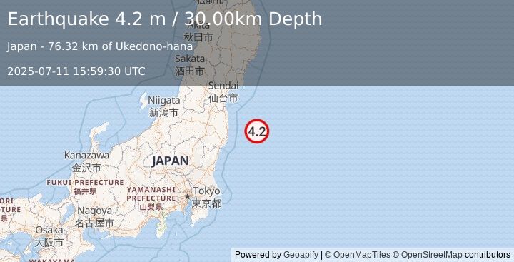 Earthquake NEAR EAST COAST OF HONSHU, JAPAN (4.2 m) (2025-07-11 15:59:30 UTC)