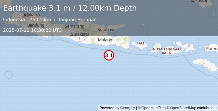 Earthquake SOUTH OF JAVA, INDONESIA (3.1 m) (2025-07-11 16:30:22 UTC)