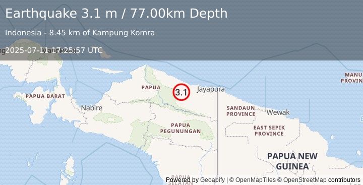 Earthquake NEAR N COAST OF PAPUA, INDONESIA (3.1 m) (2025-07-11 17:25:57 UTC)