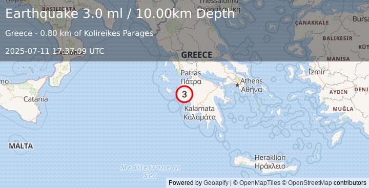 Earthquake SOUTHERN GREECE (3.0 ml) (2025-07-11 17:37:07 UTC)