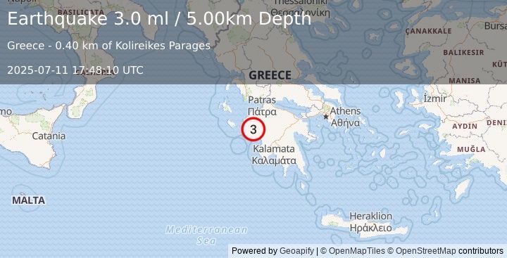 Earthquake SOUTHERN GREECE (3.0 ml) (2025-07-11 17:48:09 UTC)