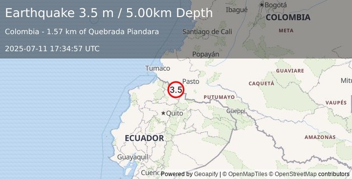 Earthquake COLOMBIA-ECUADOR BORDER REGION (3.5 m) (2025-07-11 17:34:57 UTC)