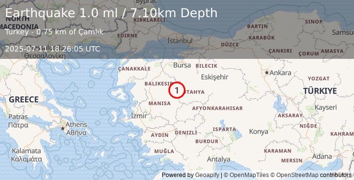 Earthquake WESTERN TURKEY (1.0 ml) (2025-07-11 18:26:05 UTC)