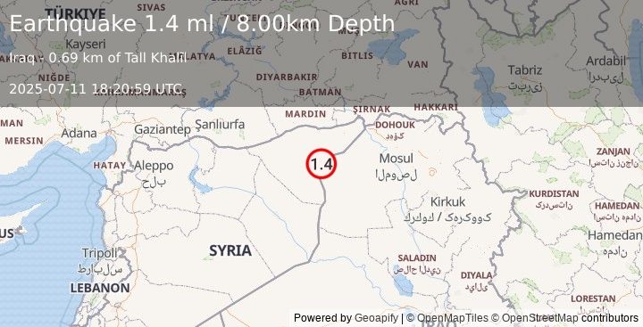 Earthquake SYRIA-IRAQ BORDER REGION (1.4 ml) (2025-07-11 18:20:59 UTC)
