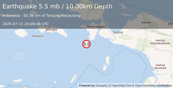 Earthquake NEAR S COAST OF PAPUA, INDONESIA (5.1 mw) (2025-07-11 20:09:46 UTC)