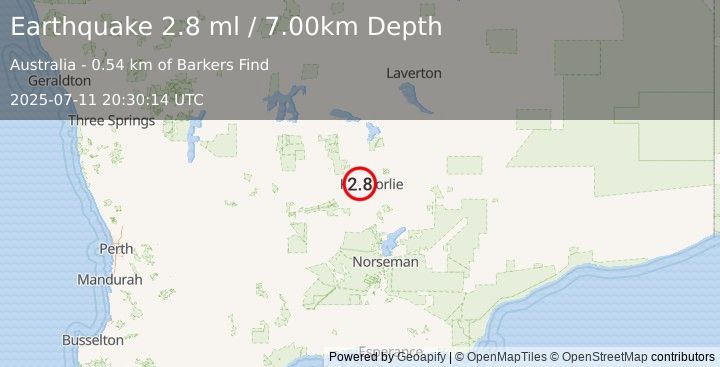 Earthquake WESTERN AUSTRALIA (2.8 ml) (2025-07-11 20:30:14 UTC)