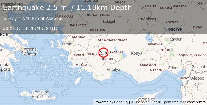 Earthquake WESTERN TURKEY (2.5 ml) (2025-07-11 20:40:28 UTC)