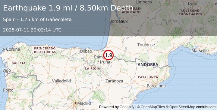 Earthquake PYRENEES (1.9 ml) (2025-07-11 20:02:14 UTC)