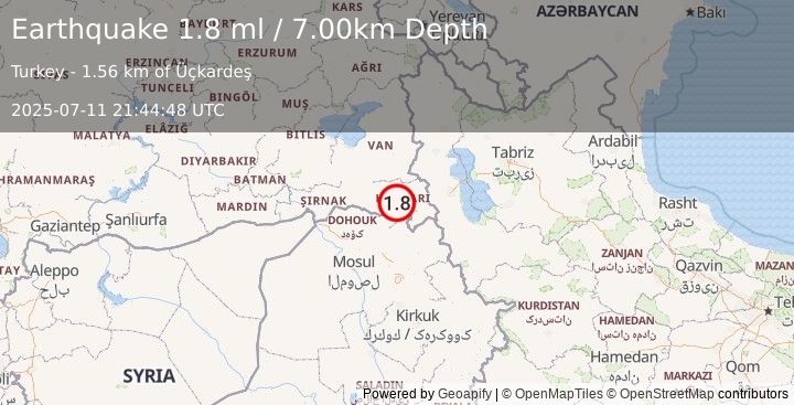 Earthquake TURKEY-IRAQ BORDER REGION (1.8 ml) (2025-07-11 21:44:48 UTC)