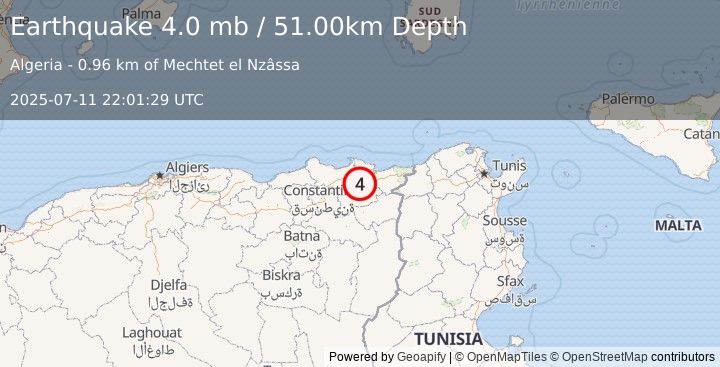 Earthquake NORTHERN ALGERIA (4.0 mb) (2025-07-11 22:01:29 UTC)