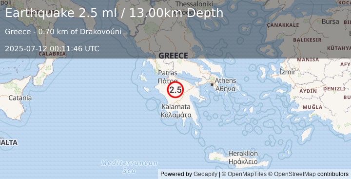 Earthquake SOUTHERN GREECE (2.5 ml) (2025-07-12 00:11:46 UTC)