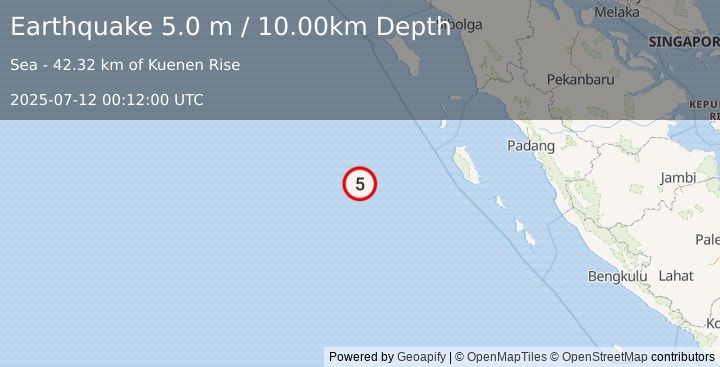 Earthquake SOUTHWEST OF SUMATRA, INDONESIA (4.7 mb) (2025-07-12 00:12:00 UTC)