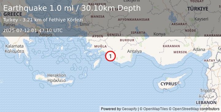 Earthquake DODECANESE IS.-TURKEY BORDER REG (1.0 ml) (2025-07-12 01:47:10 UTC)