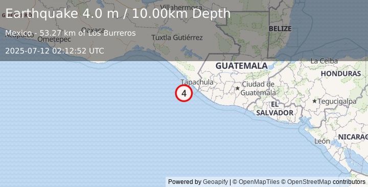 Earthquake OFFSHORE CHIAPAS, MEXICO (4.0 m) (2025-07-12 02:12:52 UTC)