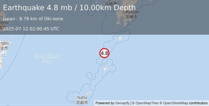 Earthquake RYUKYU ISLANDS, JAPAN (4.8 mb) (2025-07-12 02:00:45 UTC)