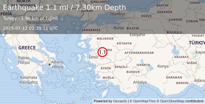 Earthquake WESTERN TURKEY (1.1 ml) (2025-07-12 02:39:11 UTC)