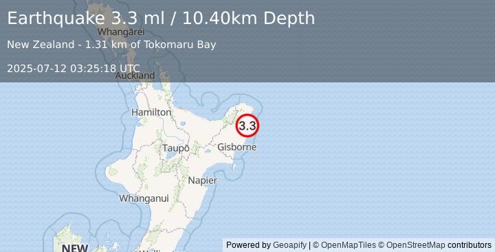 Earthquake OFF E. COAST OF N. ISLAND, N.Z. (3.3 ml) (2025-07-12 03:25:18 UTC)