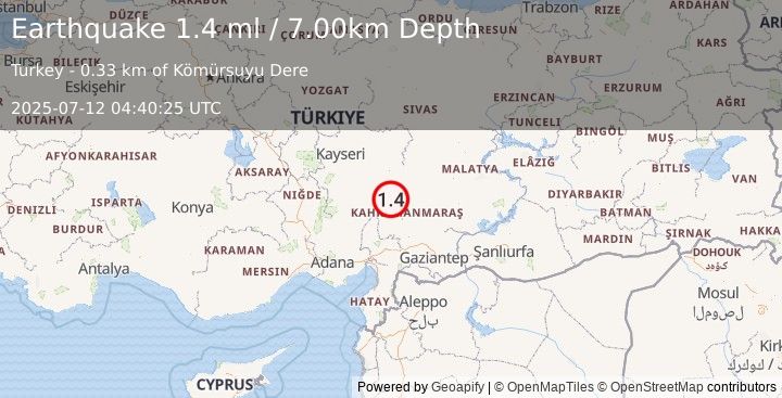 Earthquake CENTRAL TURKEY (1.4 ml) (2025-07-12 04:40:25 UTC)