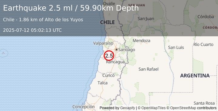 Earthquake REGION METROPOLITANA, CHILE (2.5 ml) (2025-07-12 05:02:13 UTC)