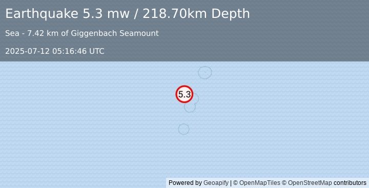 Earthquake KERMADEC ISLANDS, NEW ZEALAND (5.3 mw) (2025-07-12 05:16:46 UTC)