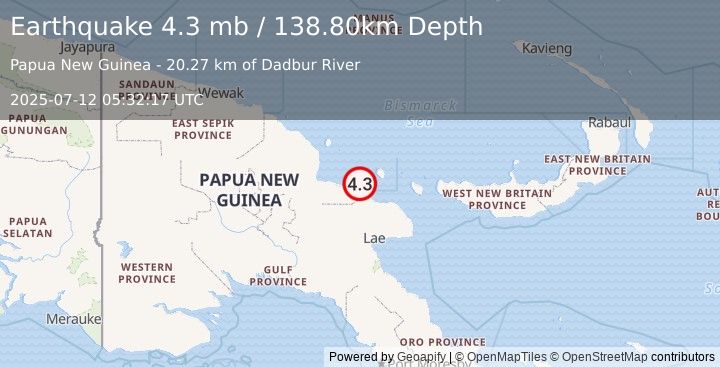 Earthquake EASTERN NEW GUINEA REG., P.N.G. (4.3 mb) (2025-07-12 05:32:17 UTC)