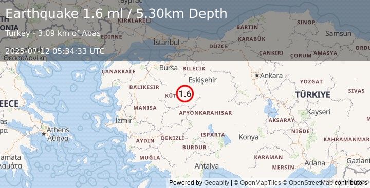 Earthquake WESTERN TURKEY (1.6 ml) (2025-07-12 05:34:33 UTC)