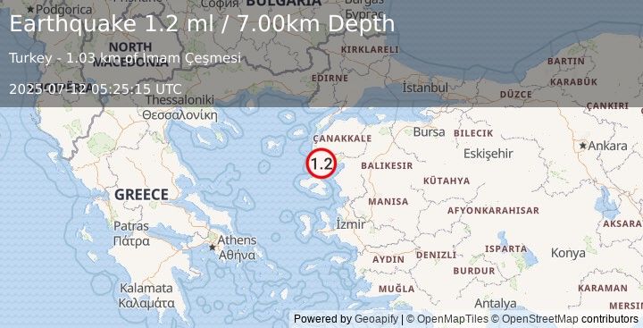 Earthquake NEAR THE COAST OF WESTERN TURKEY (1.2 ml) (2025-07-12 05:25:15 UTC)