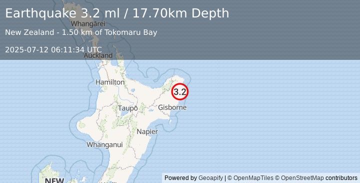 Earthquake OFF E. COAST OF N. ISLAND, N.Z. (3.2 ml) (2025-07-12 06:11:34 UTC)
