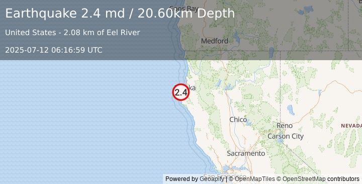 Earthquake OFFSHORE NORTHERN CALIFORNIA (2.4 md) (2025-07-12 06:16:59 UTC)
