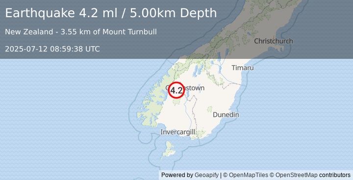 Earthquake SOUTH ISLAND OF NEW ZEALAND (4.2 ml) (2025-07-12 08:59:38 UTC)