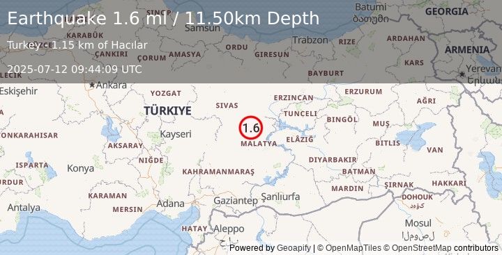 Earthquake CENTRAL TURKEY (1.6 ml) (2025-07-12 09:44:09 UTC)