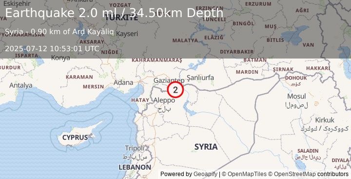 Earthquake TURKEY-SYRIA BORDER REGION (2.0 ml) (2025-07-12 10:53:01 UTC)