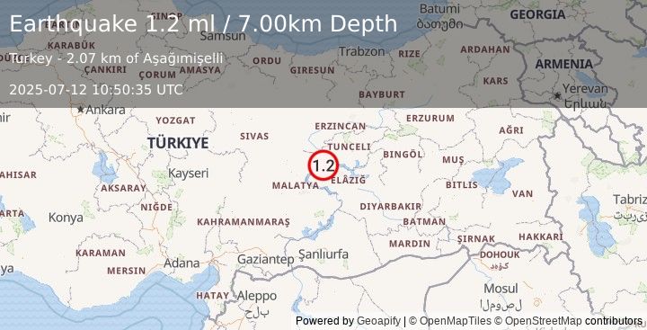 Earthquake EASTERN TURKEY (1.2 ml) (2025-07-12 10:50:35 UTC)