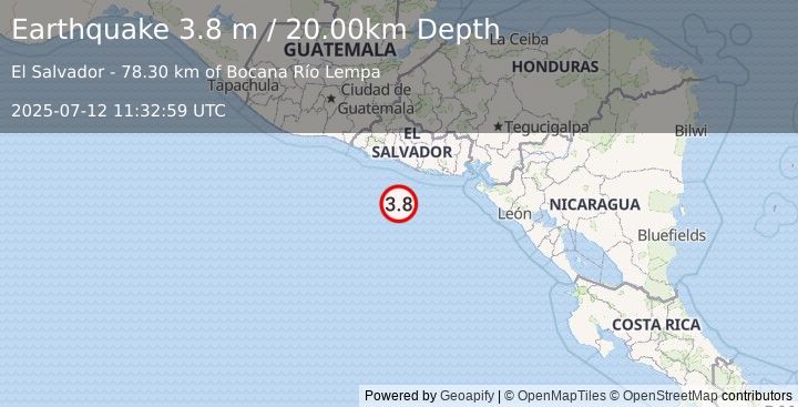 Earthquake OFFSHORE EL SALVADOR (3.4 m) (2025-07-12 11:33:06 UTC)