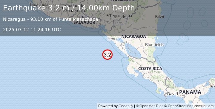 Earthquake NEAR COAST OF NICARAGUA (3.2 m) (2025-07-12 11:24:16 UTC)