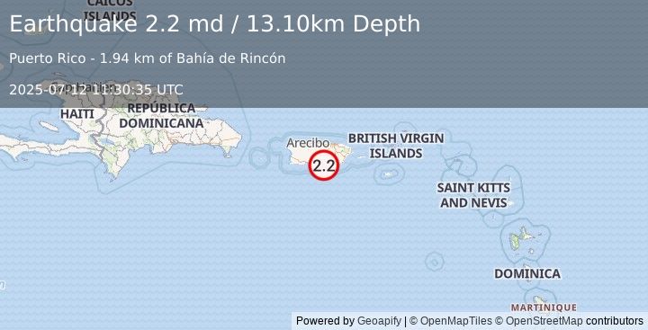 Earthquake PUERTO RICO REGION (2.2 md) (2025-07-12 11:30:35 UTC)