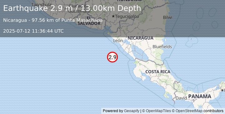 Earthquake NEAR COAST OF NICARAGUA (2.9 m) (2025-07-12 11:36:44 UTC)