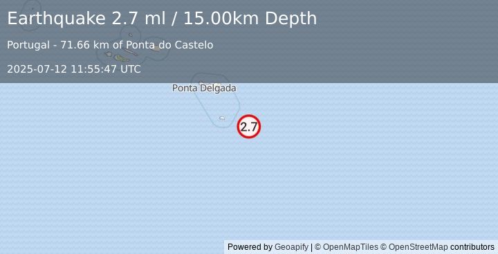 Earthquake AZORES ISLANDS REGION (2.7 ml) (2025-07-12 11:55:47 UTC)