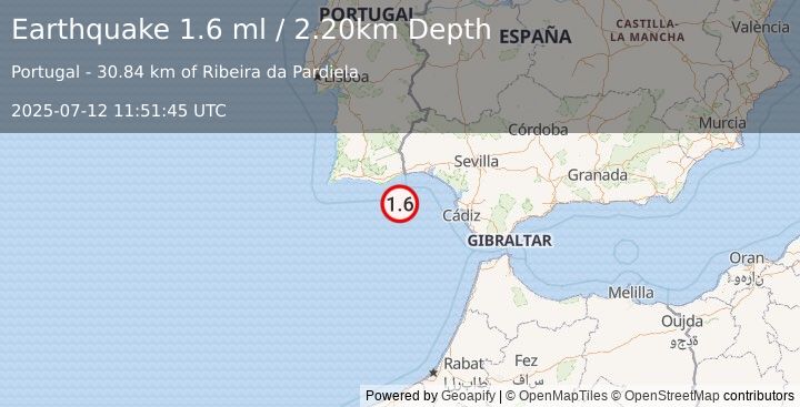 Earthquake STRAIT OF GIBRALTAR (1.6 ml) (2025-07-12 11:51:45 UTC)