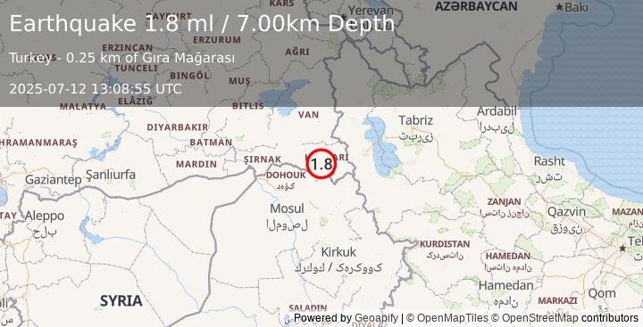 Earthquake TURKEY-IRAQ BORDER REGION (1.8 ml) (2025-07-12 13:08:55 UTC)