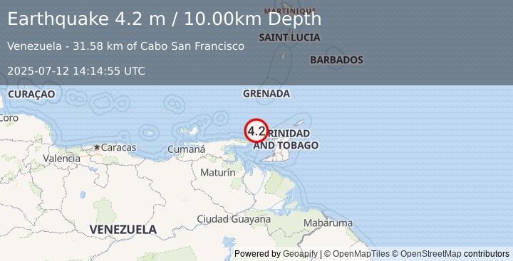 Earthquake OFFSHORE SUCRE, VENEZUELA (4.2 m) (2025-07-12 14:14:55 UTC)
