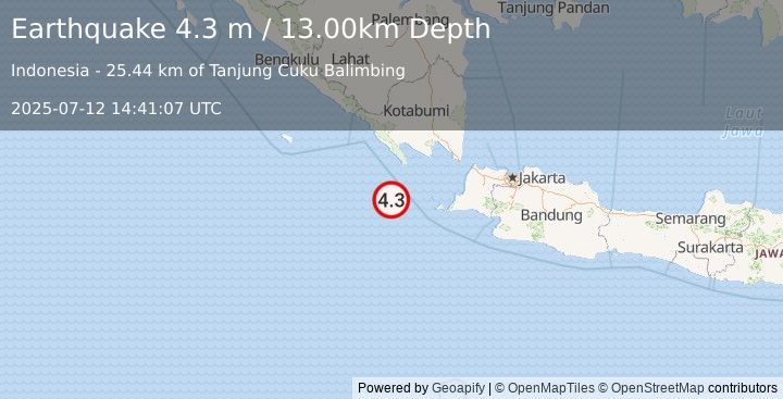 Earthquake SUNDA STRAIT, INDONESIA (4.3 m) (2025-07-12 14:41:07 UTC)