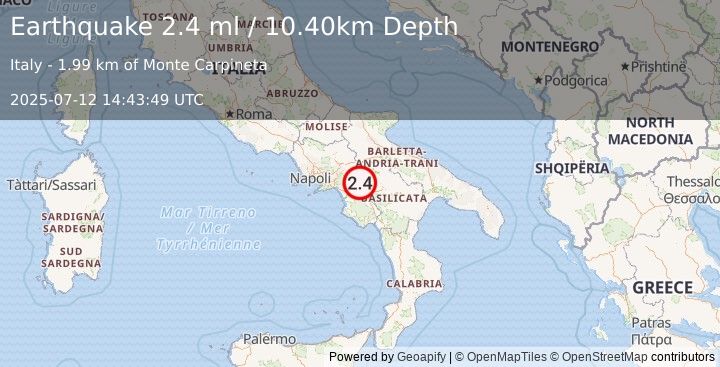 Earthquake SOUTHERN ITALY (2.4 ml) (2025-07-12 14:43:49 UTC)