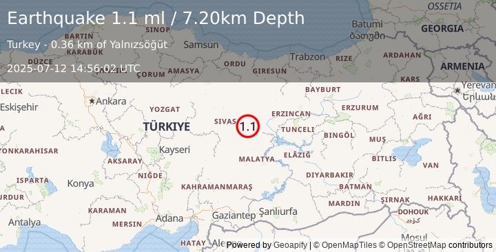 Earthquake CENTRAL TURKEY (1.1 ml) (2025-07-12 14:56:02 UTC)