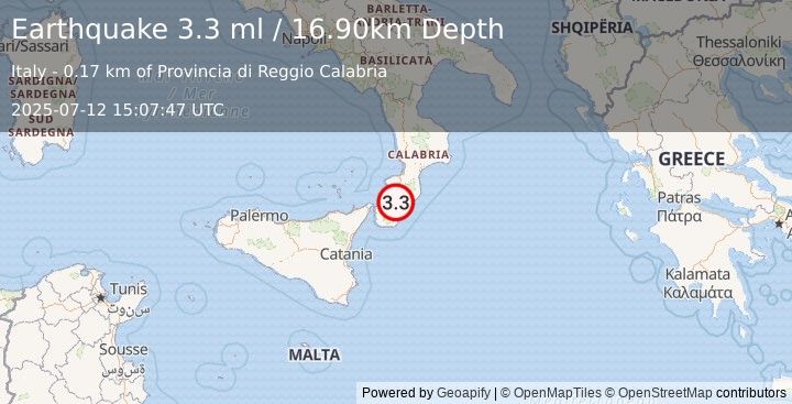 Earthquake SOUTHERN ITALY (3.3 ml) (2025-07-12 15:07:47 UTC)
